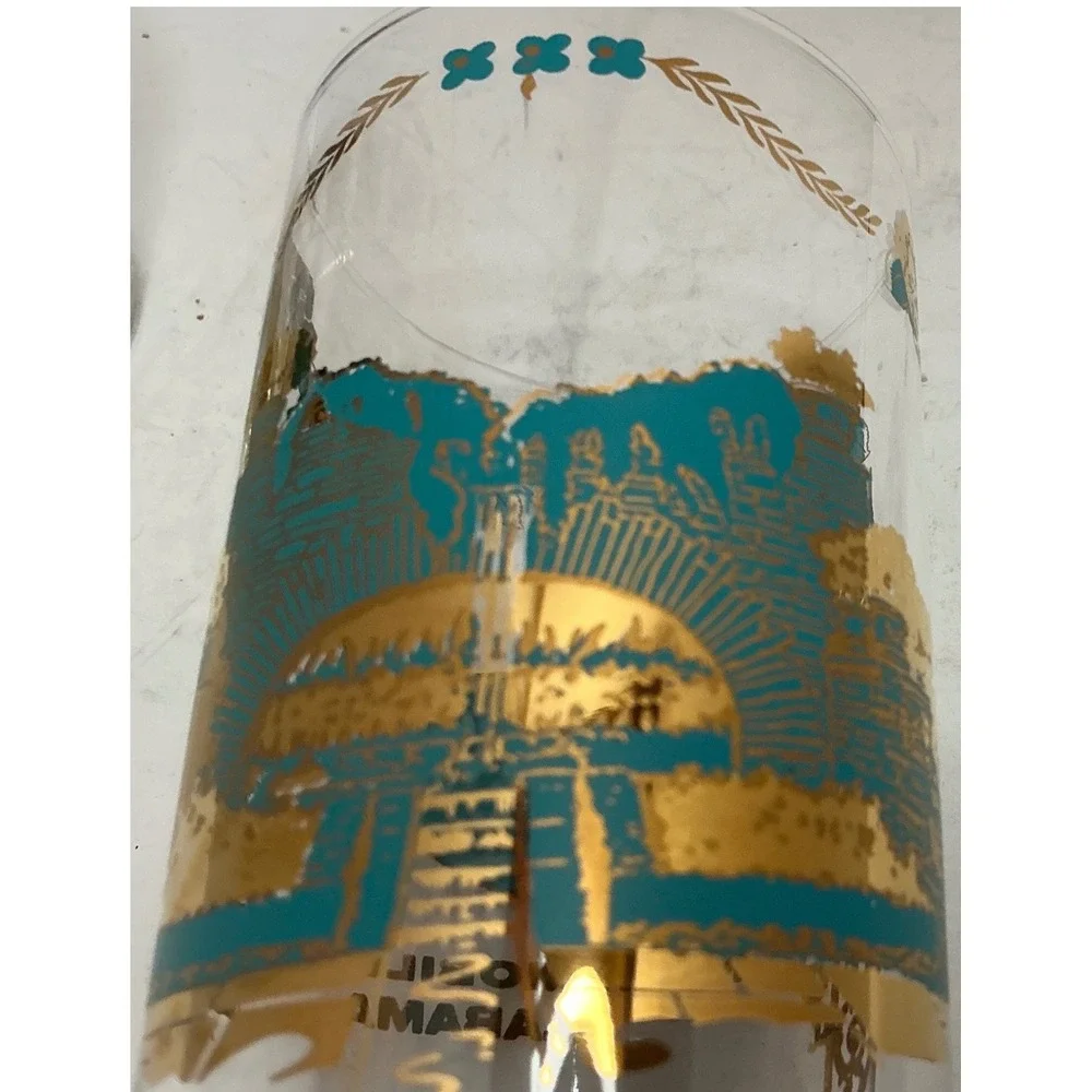 Vintage Souvenir Highball Glasses Busch & Bellingrath Gardens Gold Teal